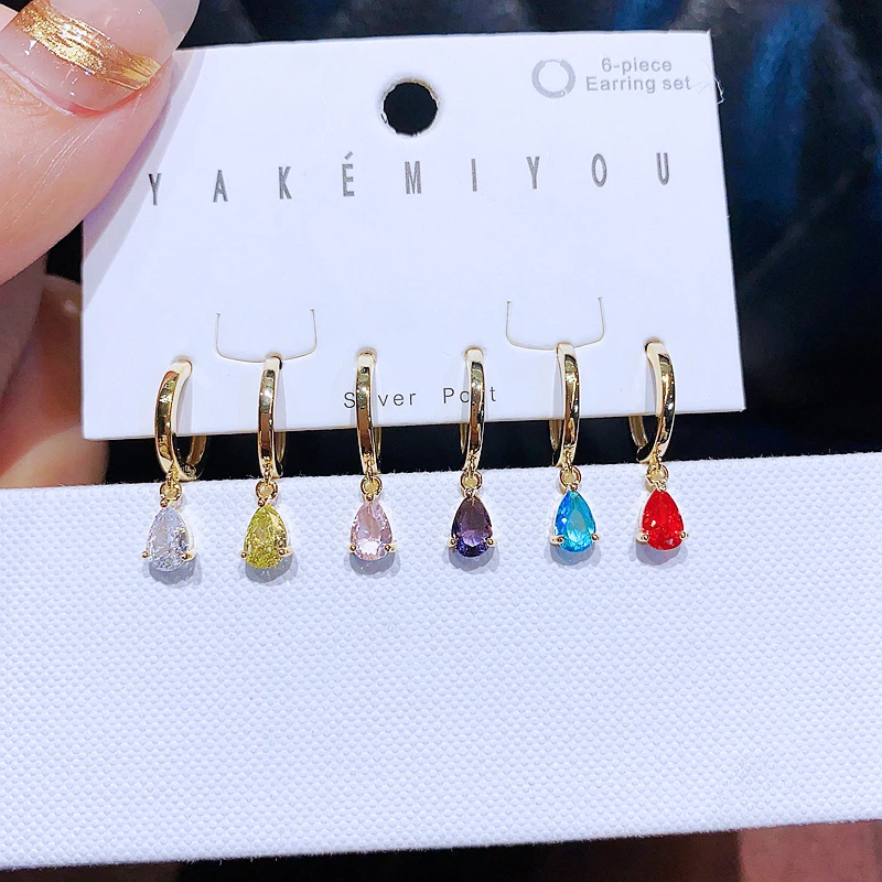 

Luxury 6pcs Multicolor Water Drop Hoop Earrings Set for Women Gold Color Cubic Zirconia Jewelry