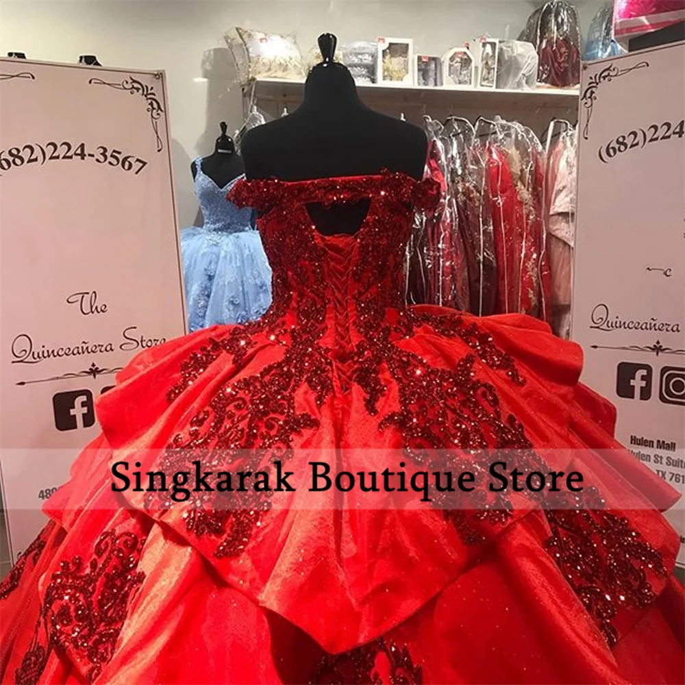 Red Sparkly Quinceanera Prom Dresses 2020 Off Shoulder Lace Applique Sequins Ball Gown Tulle Party Sweet 16 Dress Quinceañera | Свадьбы и