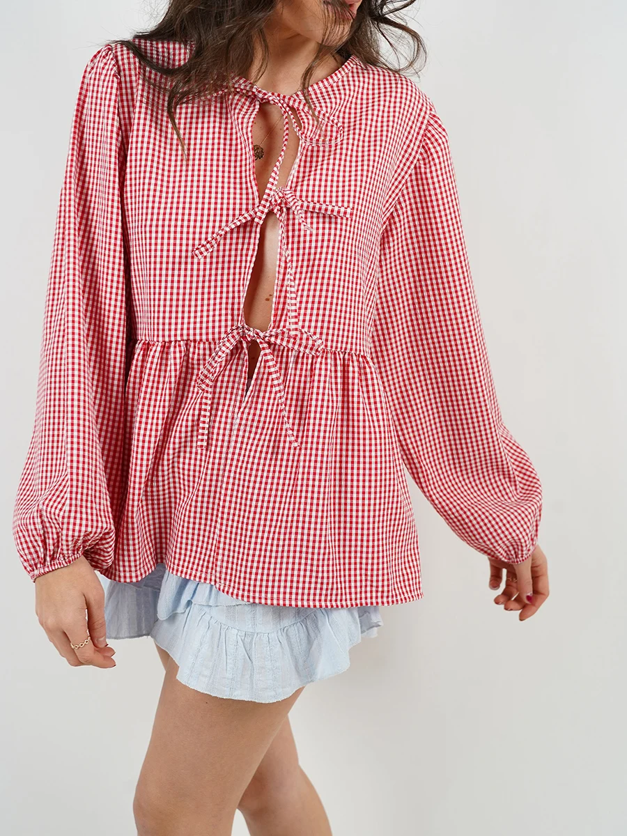 Женские топы Y2K с завязкой спереди рубашки пышными рукавами для кукол милая