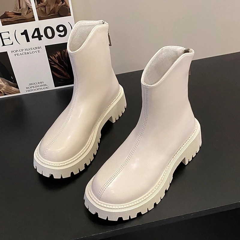 

Winter White Ankle Boots Thick Sole Back Zip Mid Boots Women Fashion Casual Leather Insole Fashion Boots 35-40 Large Size