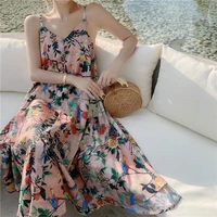 2022 summer new womens chiffon retro color flower dress v neck sling beach dress sexy elegant backless ladies clothing