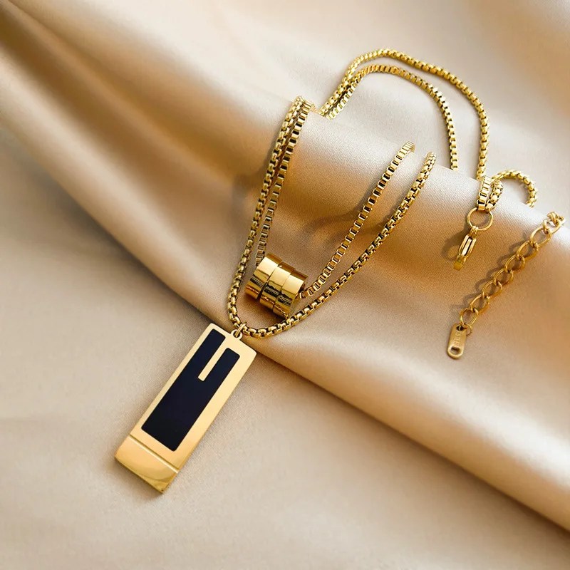 

RACHELZ Light Luxury Square Pendant Necklace Vintage Double Layered Roller Stainless Steel Necklaces For Women Jewelry