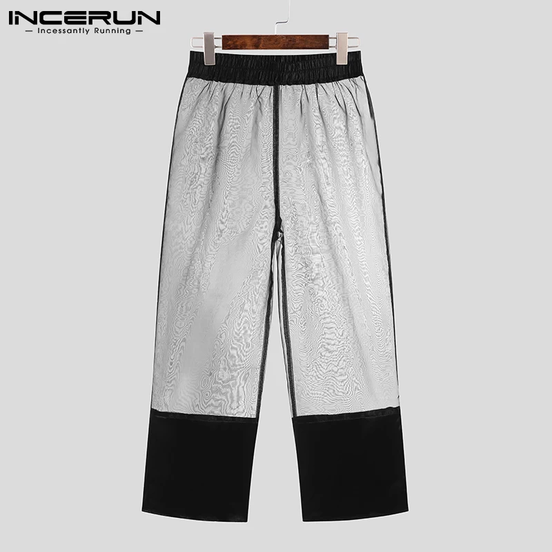 

INCERUN мужские брюки, сексуальные сетчатые Лоскутные прозрачные мешковатые брюки с эластичной талией, мужские брюки для вечерние 2022, уличная ...