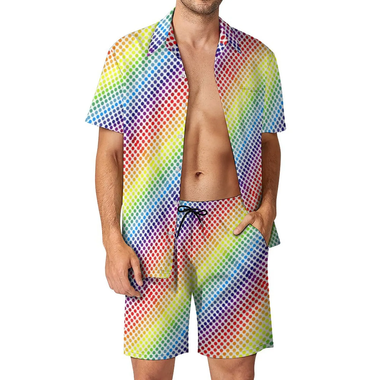 

Костюм мужской в горошек, Повседневная рубашка с абстрактным радужным принтом, шорты для Гавайского фитнеса, уличный костюм из 2 предметов, Одежда большого размера, лето