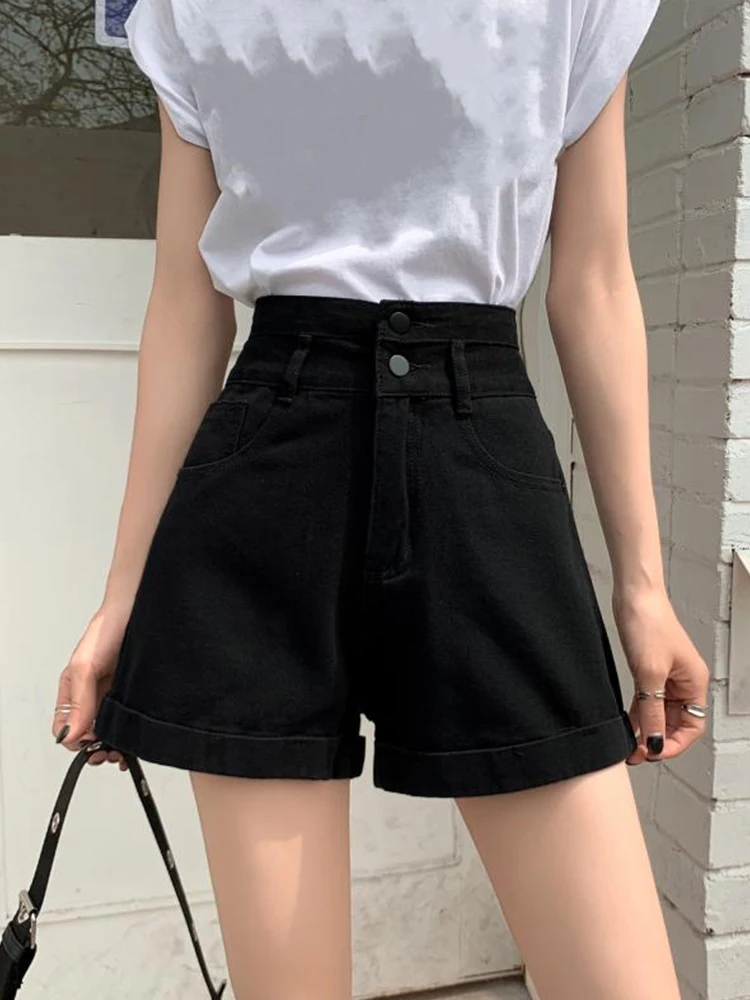 New Spring Summer Women High Waist Loose Black Denim Shorts Streetwear Female Single Breasted Jeans Shorts Bottoms