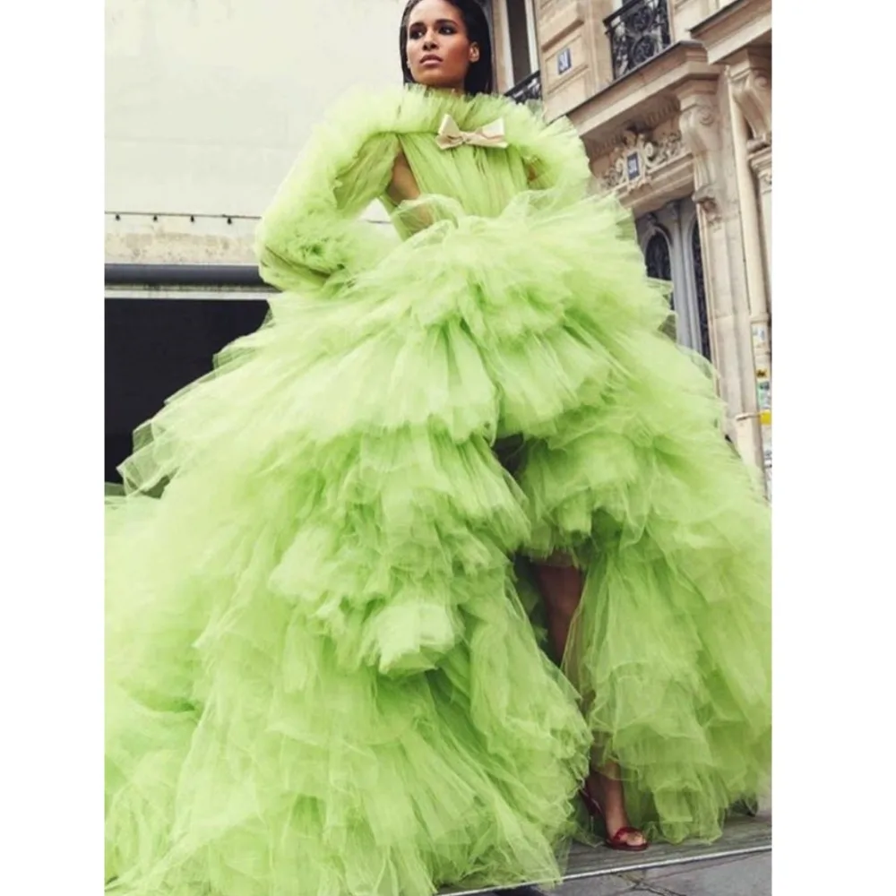 

Neon Green Boho Dresses Party Extra Lush vestido de fiesta Puffy Tulle Long Prom Gowns Tiered Ruffle Bow Full Sleeve