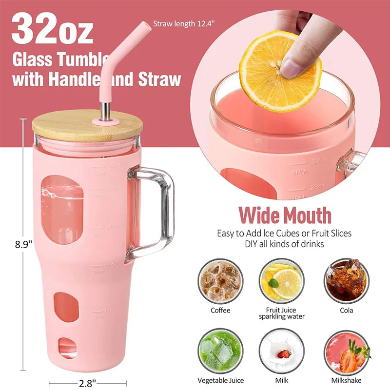 

Стеклянная Автомобильная чашка для льда, большая емкость для воды с ручкой из соломинки, детская чашка для фруктов, чая, напитков из соломин...