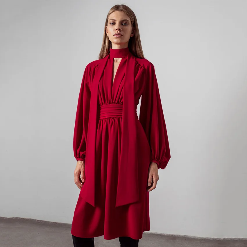 

Soolasea 2022 New Lace-Up Elegant Women Dress Pleated Sexy Eyelet Lantern Sleeves Tunic Dress Evening Party Midi Dress With Sash