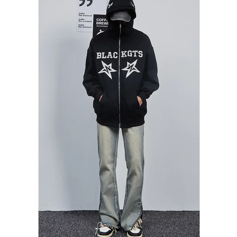 Streetwear Men Open Leg Zipper Jeans Straight Cylinder Loose Street Trousers Autumn Female Fashion Temperament Micro Flare Pants