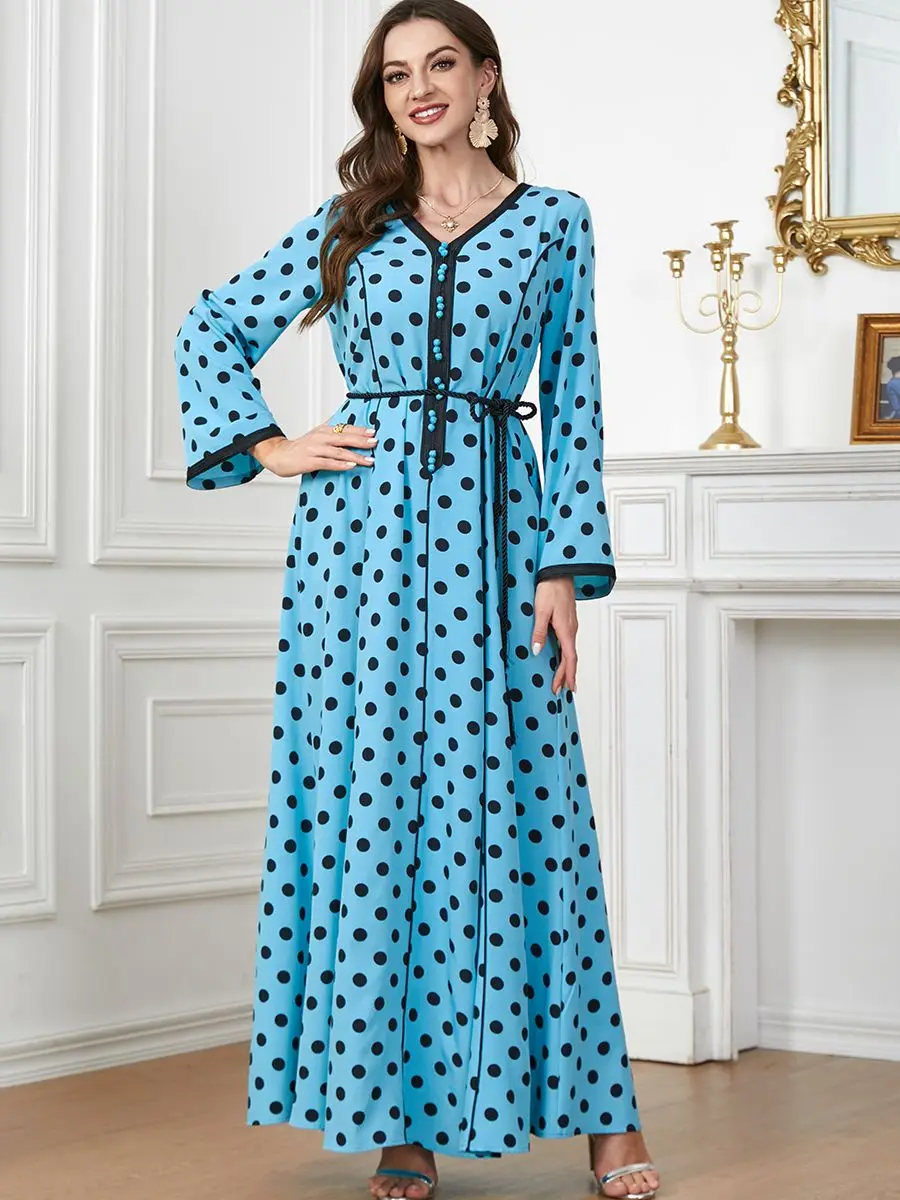 

Женское платье в горошек Siskakia, элегантное платье в арабском стиле с v-образным вырезом и длинными рукавами, летняя одежда в мусульманском стиле