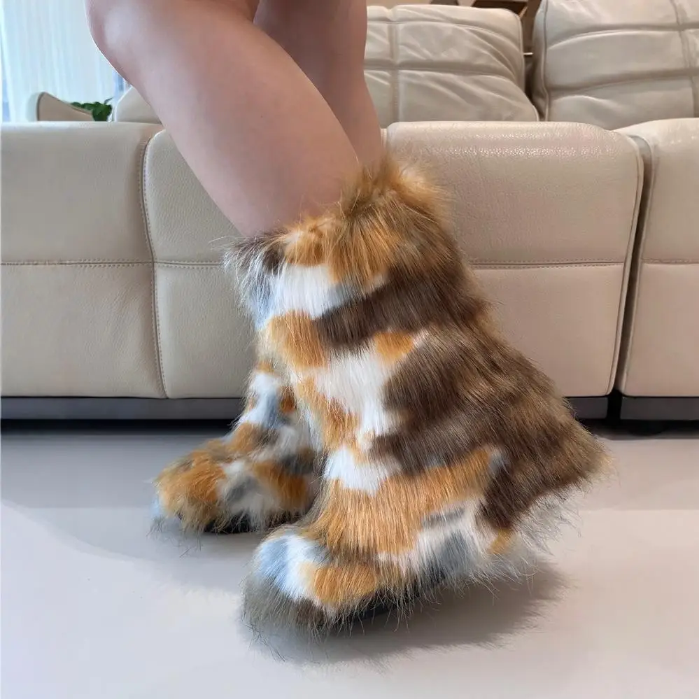 Красочные волосатые сапоги на толстой подошве круглый носок наклонный каблук