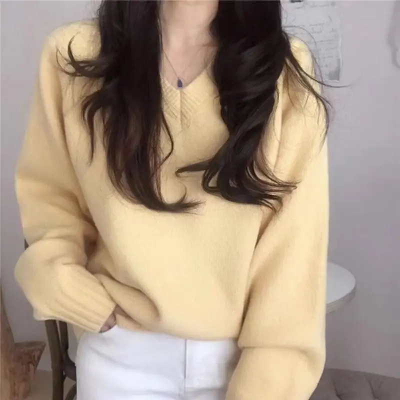 Женский однотонный пуловер с V-образным вырезом и длинным рукавом