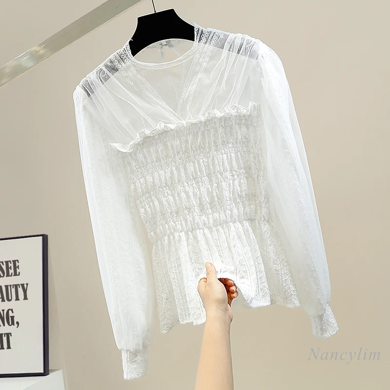 

Элегантные кружевные рубашки для женщин, модные сетчатые блузки с воротником-стойкой, приталенные крючком, ажурные женские блузки, Привлек...