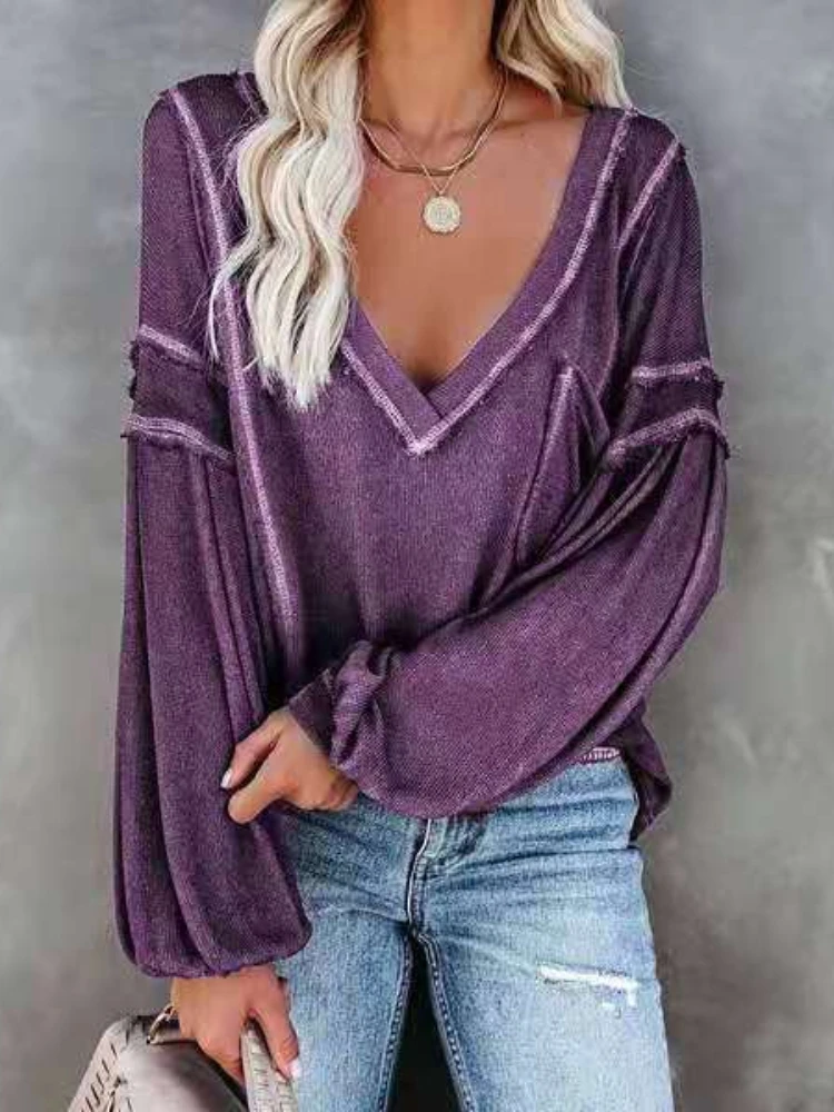

Autumn Winter Fashion Women Casual Loose T-Shirts Patchwork Design Pocket Decor V-Neck Long Sleeve Solid Color Pullovers Top New