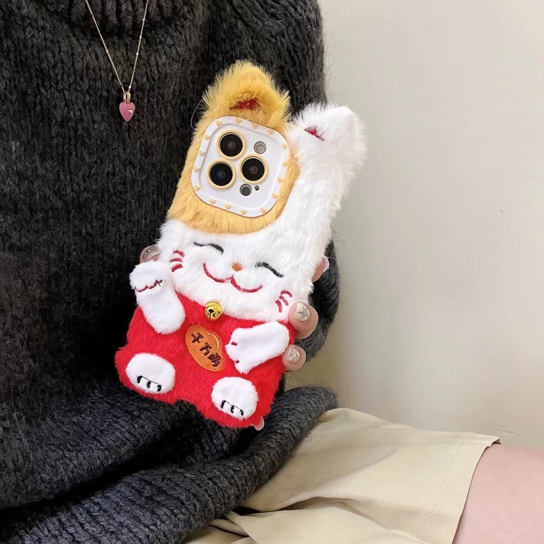 

Cartoon Pluffy 3D Japan Fortune Cat Cold Resistant Phone Case for iPhone 14 Pro Max 13 12 Winter Antifreeze Warm Plush Fur Cover