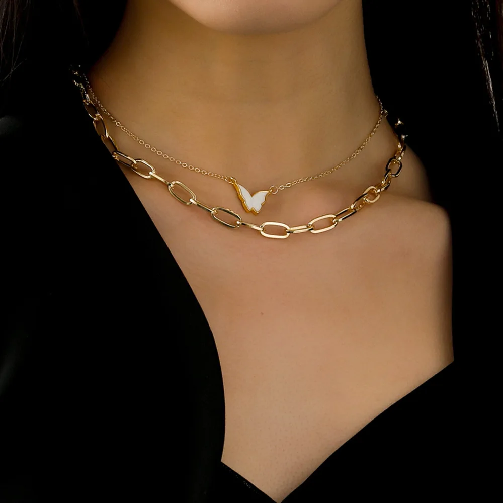 

Fashion New Gold Plated Double-layer Enamel Butterfly Pendant Choker Necklace for Women with Link Chain O-chain