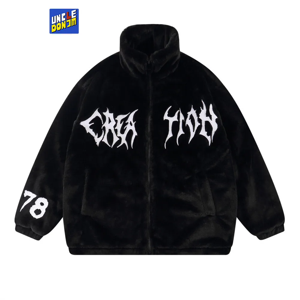 

UNCLEDONJM Gothic style embroidery letter plush jacket men hip hop harajuku thick cotton clothing winter warm bubble coat parka