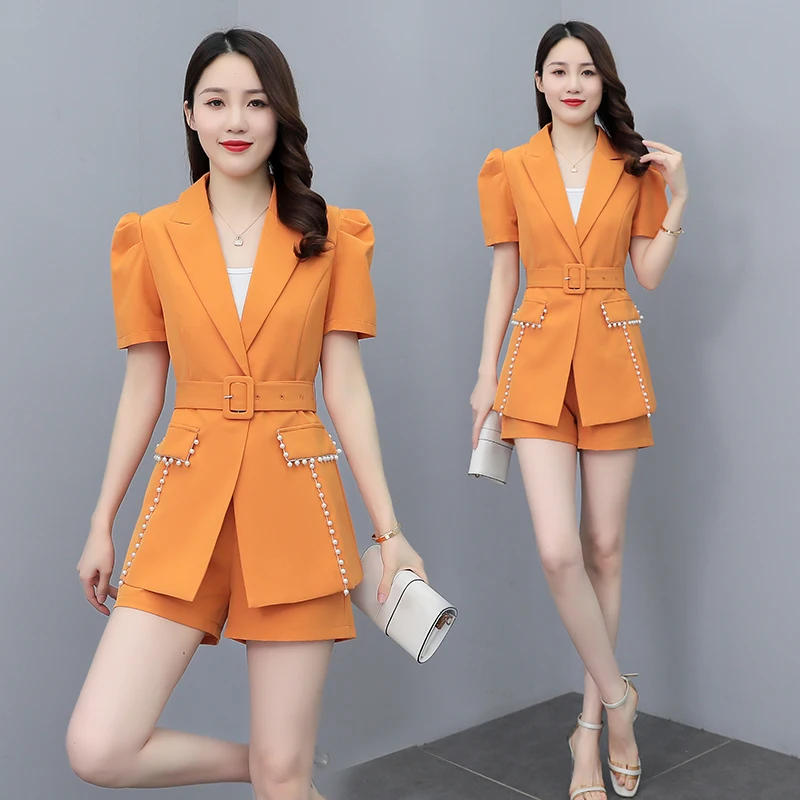 

OL Work Wear Suit Shorts Female 2022 Summer Korean Version Fashion Temperament Beaded Outfits Jacket Red Two-Piece Suits