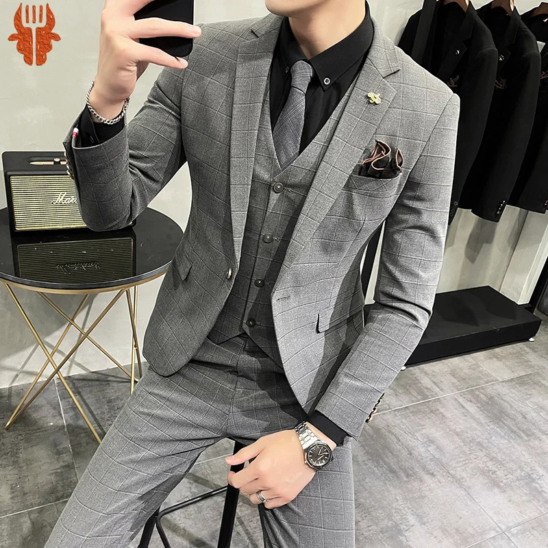 

(Blazer+Pants+Vest) Luxury Men Suit 3 Piece Set Fashion Boutique Lattice Groom Wedding Dress Men's Tuxedo Suit