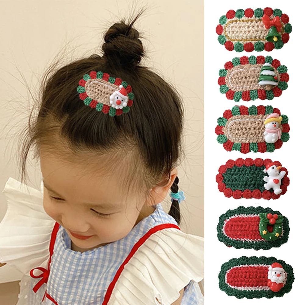 

2pcs/set Cute Christmas Hair Clips Set Classic Xmas Tree Santa Claus Pattern Cartoon Knitted Oval For Baby Girls Bangs Barrettes