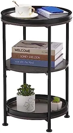 

Round End Table, 3 Tiers Round Side Table with Sturdy Metal Frame, Metal Round Sofa Table, Vintage Nightstand for Living Room Be