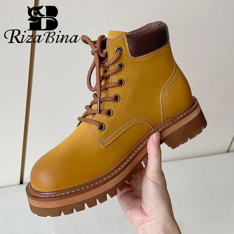 

RIZABINA 2022 New Women Boots Real Leather Lace Mix Color Wild Motorcycle Boots Non-Slip Ankle Boots Winter Lady Shoes Footwear