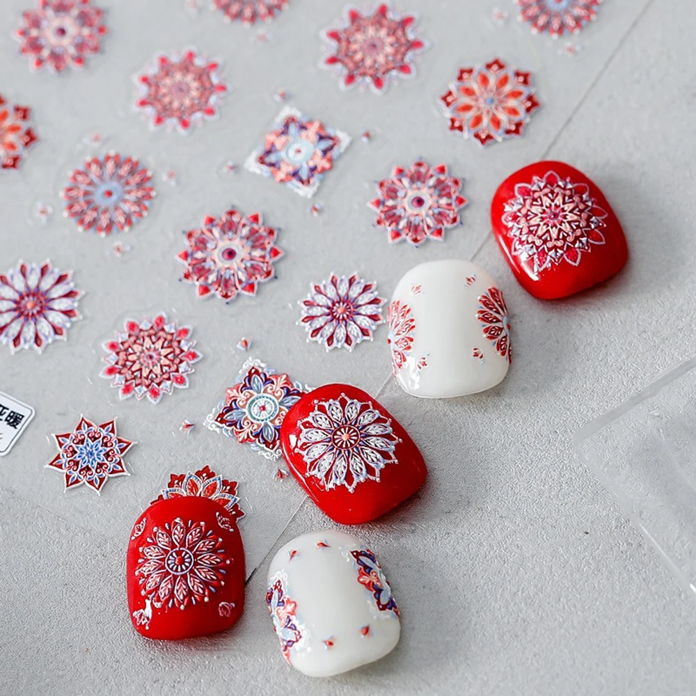 

5D Acrylic Engraved Bohemia Red/Blue Flowers Design Self-Adhesive Nail Stickers for Nails Decals DIY Slider For Nail Art Decor