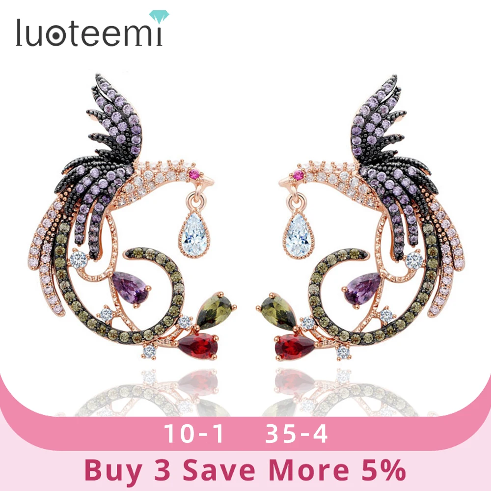 

LUOTEEMI Vintage Unique Colorful Rainbow Jewelry CZ Phoenix Stud Earrings for Women Animal Bird pendientes for Bridal Wedding
