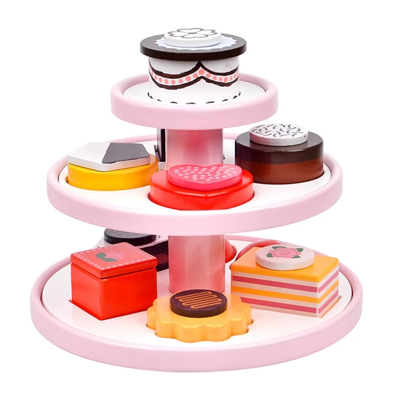 

Kids Wooden Sweet Treats Tower Toys Simulation Afternoon Tea Toy Set Desserts Tower Stand Kitchen Pretend Play Food Toy