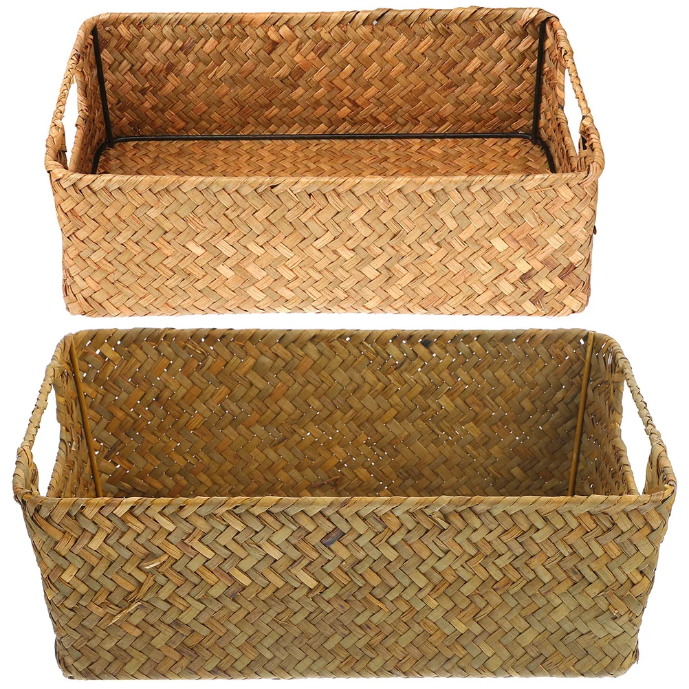 

2pcs Straw Woven Storage Basket Desktop Sundries Holder Household Supplies Baskets