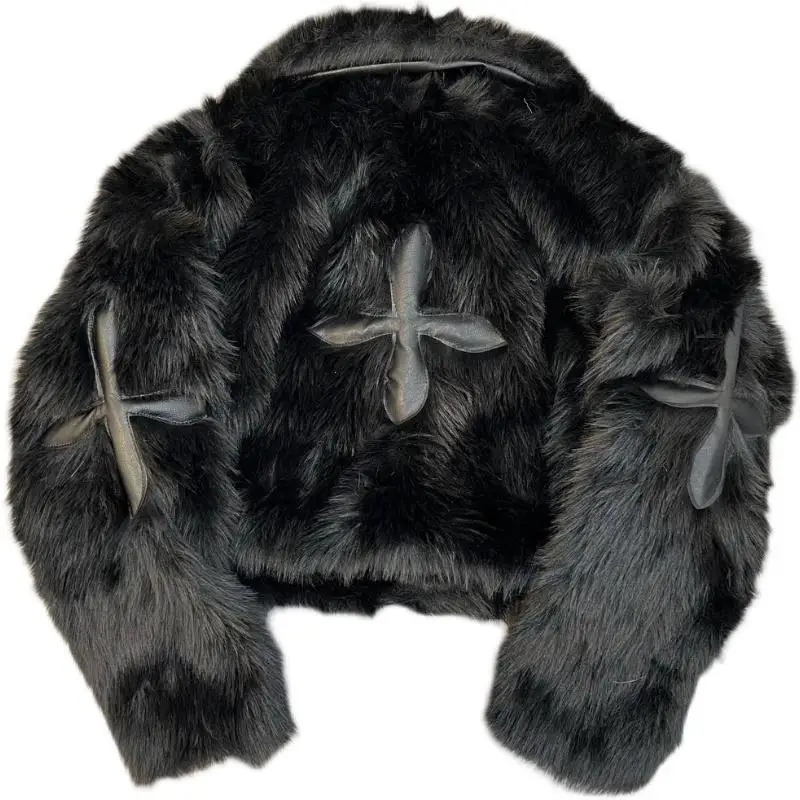 Winter Faux Mink Fur Turn Down Collar Bomber Jacket Patch PU Cross Fluffy Streetwear Coat Simulation Fox Fur Parka Cardigan Tops images - 6