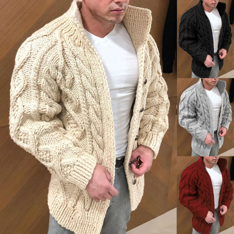 2022 New Men's Sweater Cardigan Heavy Long Sleeve Standing Collar Jacquard Casual Men's Wear Mens Clothes  Knitted Sweater Men