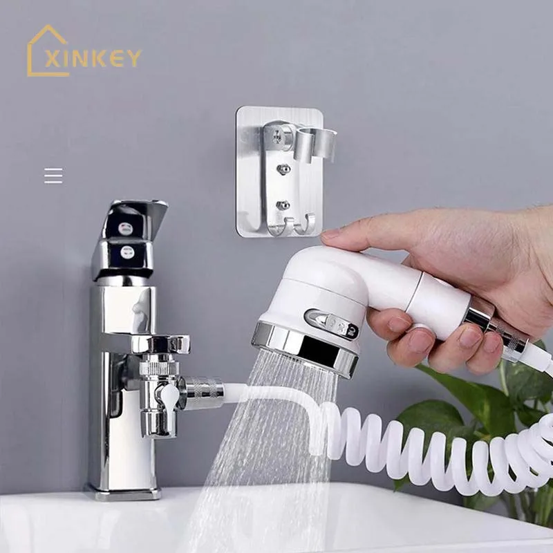 

Silver 3 mode adjustable washbasin faucet external shower hand-held telescopic nozzle hair washing shower basin accessories