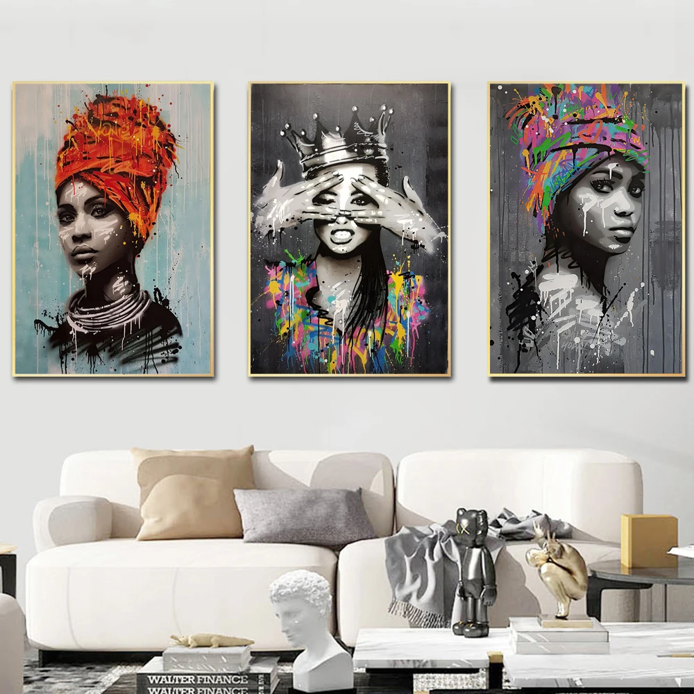 

Black African Woman Portrait Oil Painting On Canvas Modern Wall Art Poster and Prints Graffiti Pictures for Room Home Decoration
