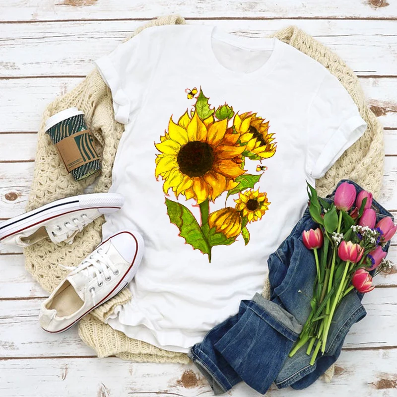 

Women Graphic Cartoon Sunflower Floral Flower Lady Summer T-Shirt Shirt Tops Lady Clothes Womens Clothing Tee Female T Shirt