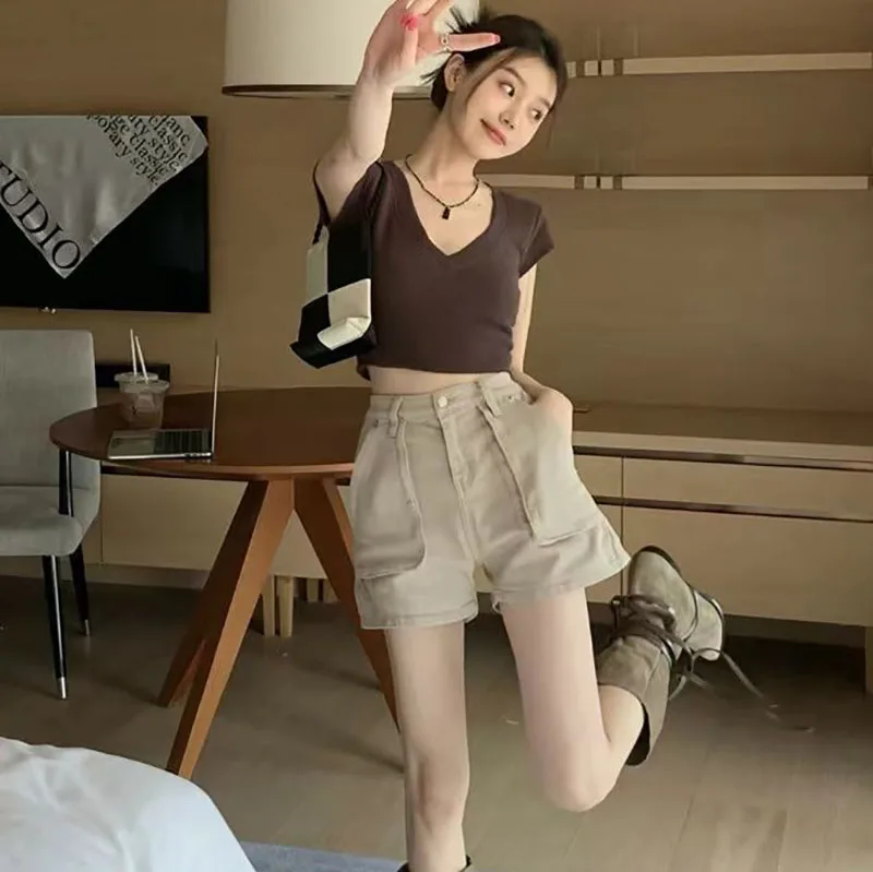 Large Pocket Cargo Denim Shorts Women Summer High Waist Shorts Slim Hot Pants High Quality Loose Straight Leg Pants Jean Shorts