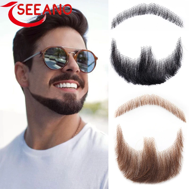 SEEANO Men's Synthetic Lace Fancy Handmade Shallow Short Invisible Lace Soft Fake Beard Handmade Mustache Party Show Cosplay