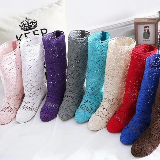 Новые летние женские сапоги вязаные ажурные высокие модные крутые сетчатая