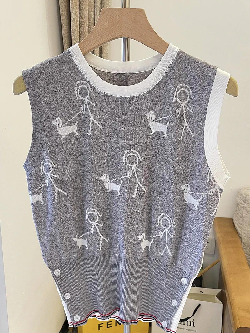 

Женский вязаный свитер без рукавов TB, вязаная футболка из вискозы с рисунком крупье, вязаная футболка для прогулок с собакой, летний топ
