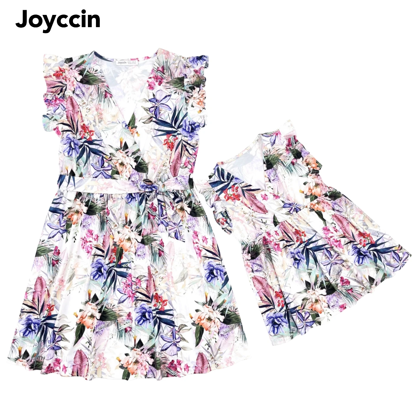 

Joyccin Mother Kids Self Belted Vestido Cross Wrap V-Neck Ruffle Flutter-sleeve Floral Print Family Matching Beach Wear Dresses