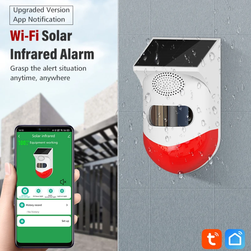 

Tuya Smart Solar Powered Pir Motion Sensor Wifi Sound Light Alarm 4 Modes Outdoor Waterproof Human Body Infrared Induction Lamp