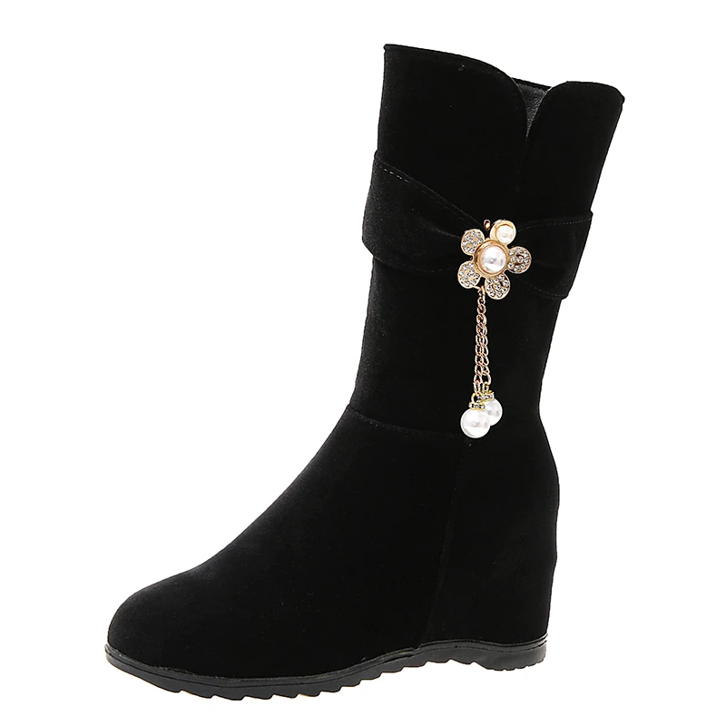 

Boots Woman Winter 2022 Snow Chunky Shoes Wedges Increase Long Women's Mid Calf High-heeled Black Kawaii Trend Girls Pearl Heels