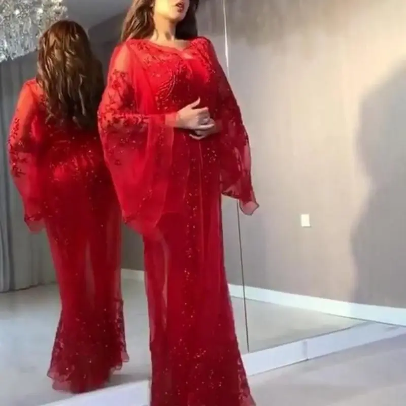 2022 New Arrival Women Fashion Sexy Sequins Long Flare Sleeved Shawl Evening Gown Luxury Formal Elegant Party Gowns Red