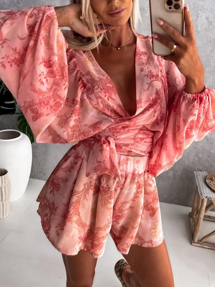 

Sexy Hollow Out Waist Women Print Jumpsuits Summer Female Long Sleeve V Neck Rompers 2022 Casual Lacing Up Slim Short Playsuits