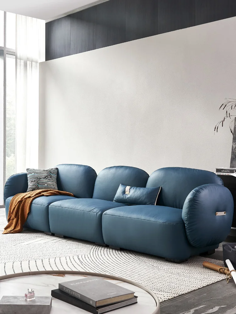 

Italian light luxury leather sofa modern simple small family living room three person household first layer leather sofa