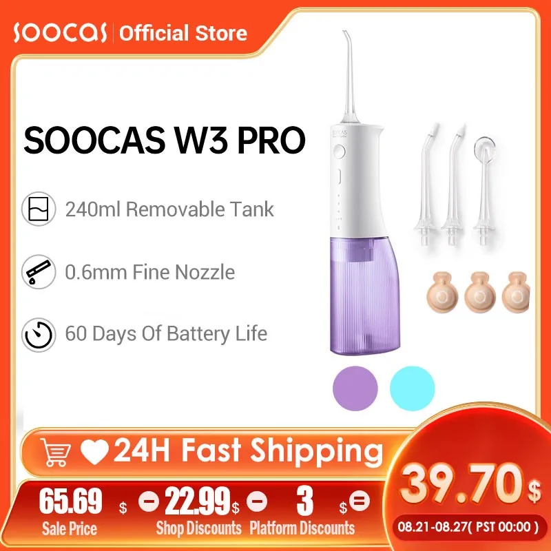 Ирригатор полости рта SOOCAS W3 Pro W1, перезаряжаемый через USB, Портативный Стоматологический Ирригатор с 4 насадками, устройство для чистки зубов