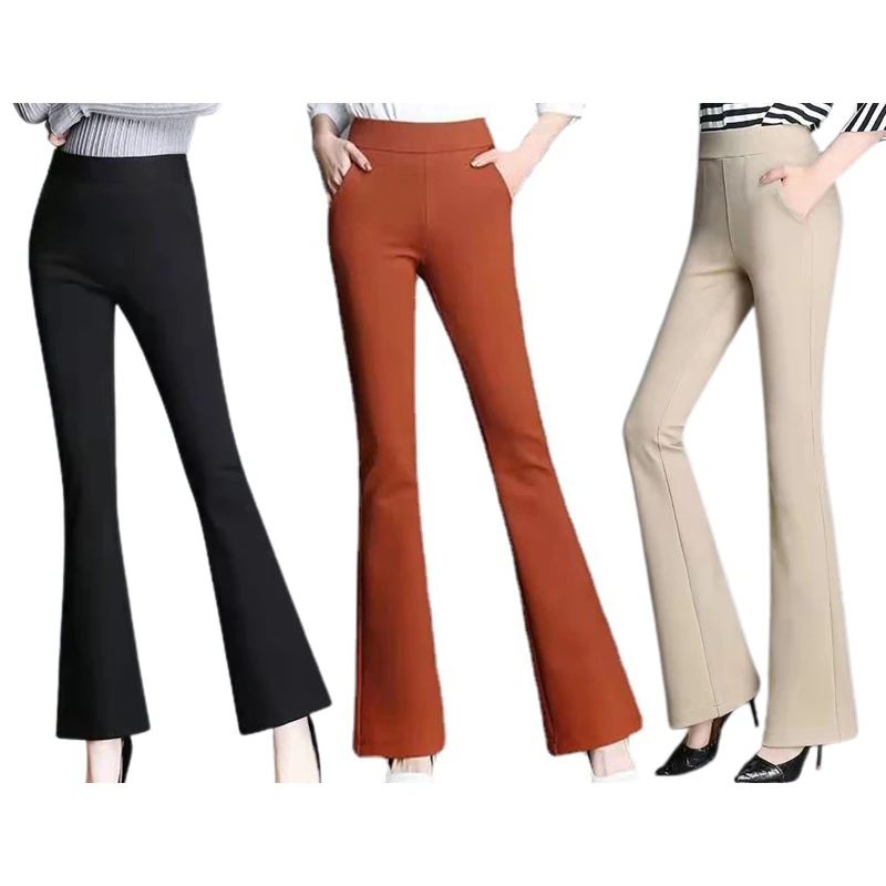 

High Waist Flared Pants Stretch Non See Through Lady Casual Trousers Solid Women
