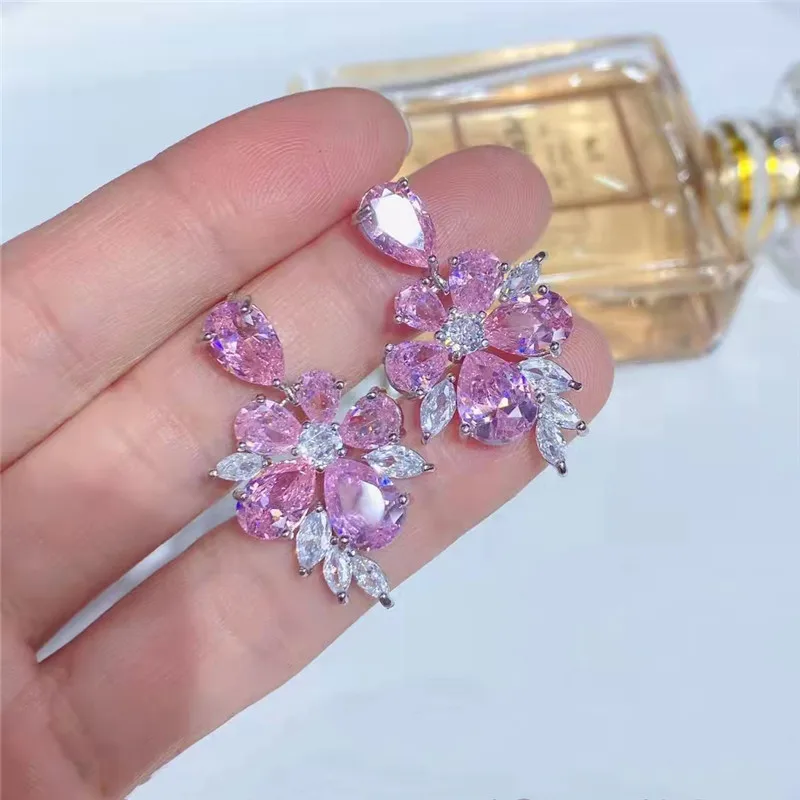 

Korean Trendy Sweet Fower Earrings For Women Shining Cubic Zirconia Statement Earings 925 Silver Needle Luxury Brand JEwelry