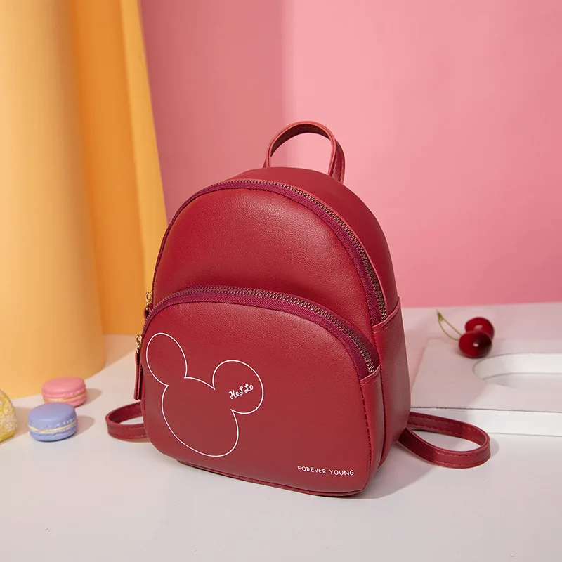 Genuine Disney New Women's Backpack PU Mickey Minnie Head Print Mini Shoulder Bags 6 Colors Trend Girls Schoolbag Birthday Gift