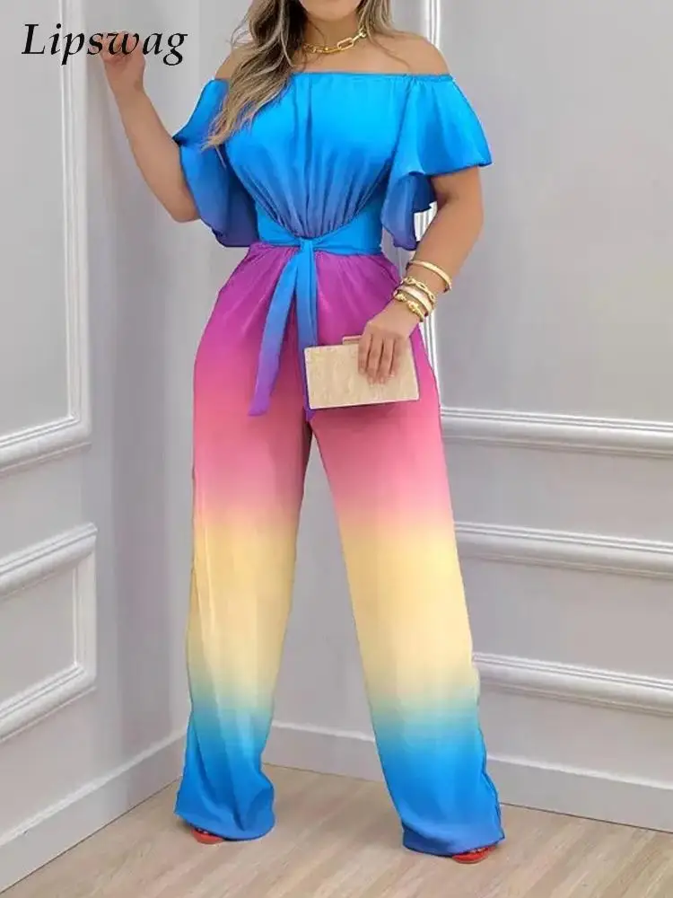 

Fashion Rainbow Tie-dye Print Ruffle Jumpsuit Sexy Elastic Off Shoulder Womens Romper Casual Bow Bandage Lady Playsuit Overalls